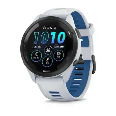 Смарт-годинник Garmin Forerunner 265 з чорним безелем, білим корпусом та біло-синім силіконовим ремінцем - Robinzon.ua