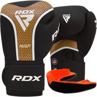 Боксерские перчатки RDX AURA PLUS T-17 Black Golden 10 унций (капа в комплекте) Боксерские перчатки RDX AURA PLUS T-17 Black Golden 10 унций (капа в комплекте) - Robinzon.ua
