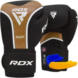 Боксерські рукавиці RDX AURA PLUS T-17 Black Golden 16 унцій (капа в комплекті) - Robinzon.ua