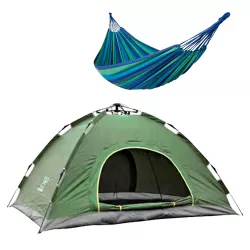 Автоматическая палатка туристическая 4-х местная Easy-Camp водонепроницаемая Зеленая + Гамак подвесной Синий - Robinzon.ua