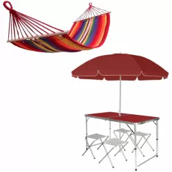 Комплект раскладной стол и 4 стула Easy Campi в чемодане Коричневый + зонт 1.8м + Гамак 200x80 см Красный - Robinzon.ua