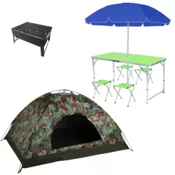 Комплект раскладной стол и 4 сула в чемодане Easy Campi Зеленый с зонтом 1.8м +  палатка + Складной мангал - Robinzon.ua