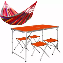 Раскладной стол 120см для пикника с 4 стульями Easy Campi в чемодане Оранжевый + Гамак мексиканский Красный - Robinzon.ua