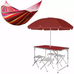 Комплект раскладной стол и 4 стула Easy Campi в чемодане Коричневый + зонт 1.8м + Гамак 190x150 см Красный - Robinzon.ua