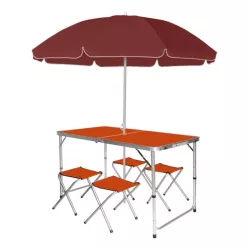 Раскладной стол 120см для пикника с 4 стульями и зонтом 1.8 м Easy Campi в чемодане Оранжевый - Robinzon.ua