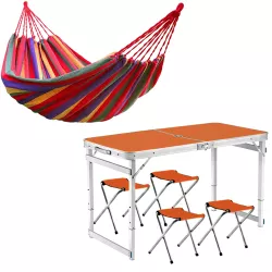 Складной туристический стол и 4 складных стула Easy Campi Оранжевый + Гамак подвесной Красный - Robinzon.ua