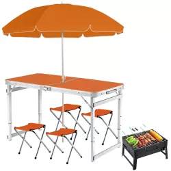 Складной туристический усиленный стол Easy Campi с зонтом 1.8м и 4 складных стула для пикника в чемодане Оранжевый + Складной мангал Grizly - Robinzon.ua