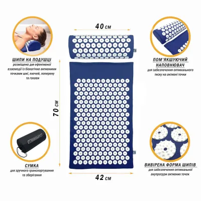 Массажный коврик Easyfit с подушкой (аппликатор Кузнецова) Синий с белым - 1 - Robinzon.ua