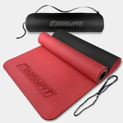 Килимок для йоги та фітнеса EasyFit TPE+TC 6мм двошаровий + Чохол червоний з чорним - Robinzon.ua