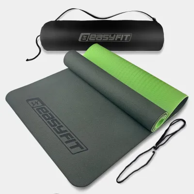 Килимок для йоги та фітнеса EasyFit TPE+TC 6мм двошаровий + Чохол чорний з зеленим - Robinzon.ua