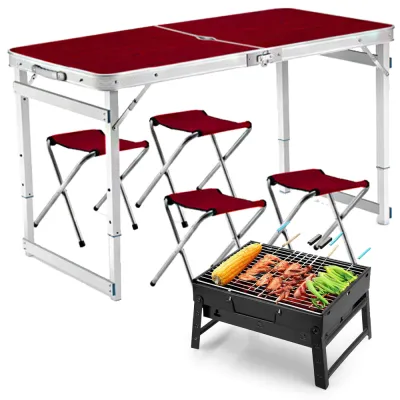 Розкладний стіл посилений з парасолькою Easy Campi 1.8м для пікніка зі стільцями в валізі Коричневий+Мангал - Robinzon.ua